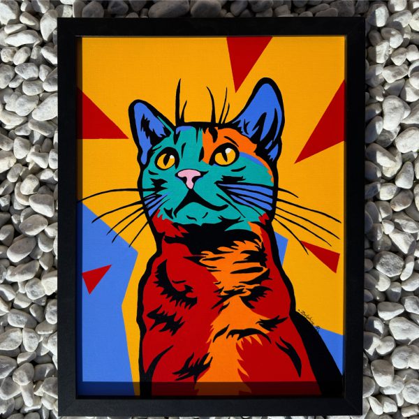 Tableau pop art patchwork d'un chat peint à l'acrylique, aux couleurs vives et motifs variés.