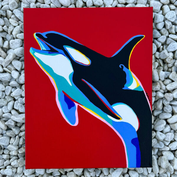 Tableau en pop art d'un orque, où les couleurs s'épanouissent sur un fond rouge intense.
